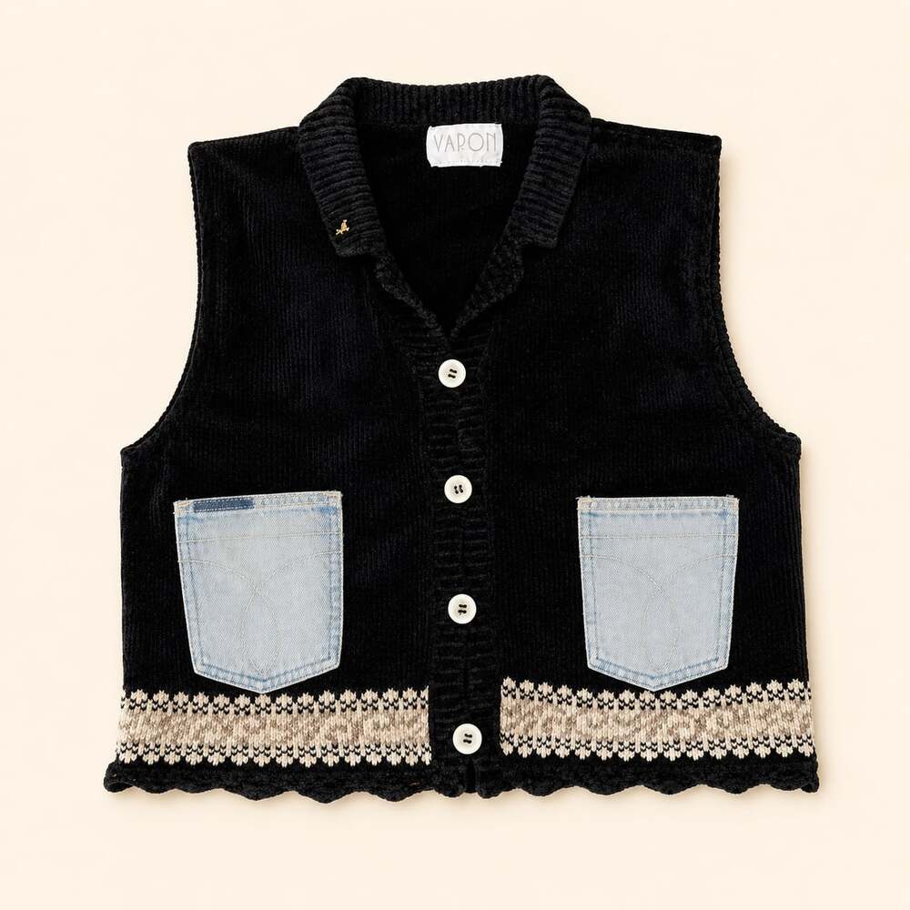 Y2K Varon Velvet Vest Denim Pocket Tapestry Back Sweater Vest M